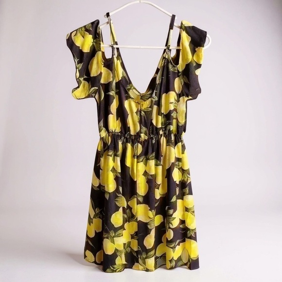 Women’s Rosette Spring Blue Dress With Yellow Lemons Flutter Sleeve Chiffon M - Picture 14 of 14